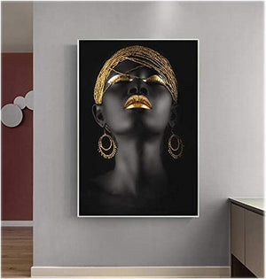 African Art Black and Gold Woman Oil Painting on Canvas Cuadros Posters Girl Canvas Print Scandinavian Wall Art Picture for Girls Living Room Bedroom Decoration(No Frame)