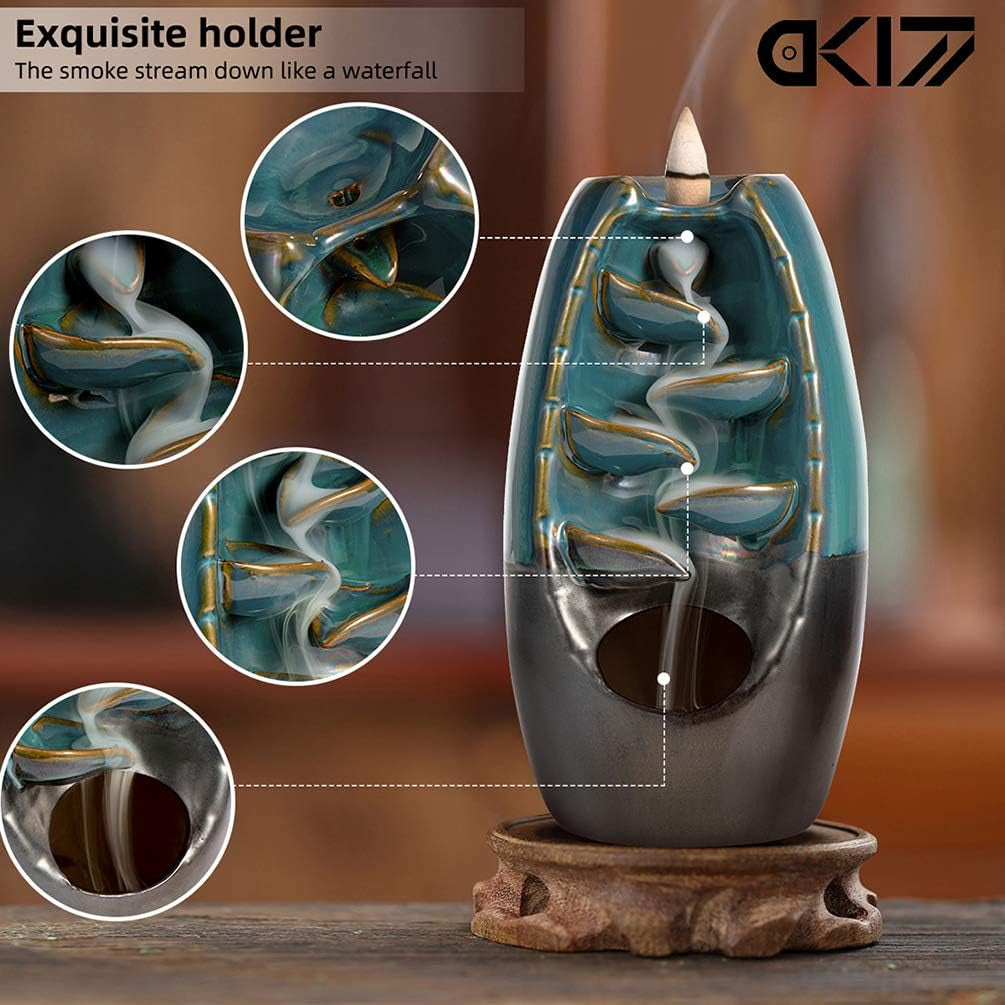 Waterfall Incense Holder Backflow Cone Ceramic Burner Handcrafted Porcelain Censer Incense Stick Stand with 20 Free Cones